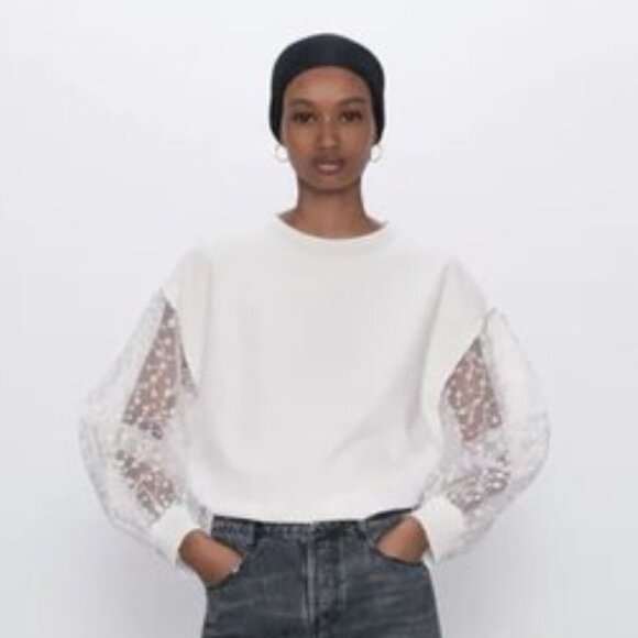 EUC Zara white sweatshirt top w/ sheer floral print sleeves, XS - Picture 2 of 16
